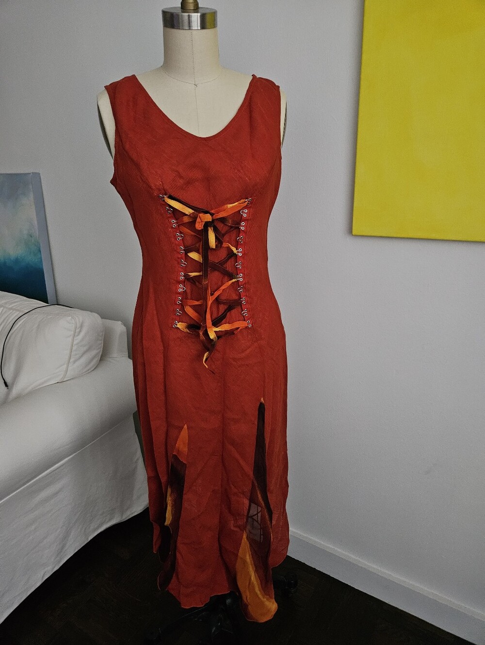 NWT! 100% Linen Red Sleeveless Lace-Up Dress